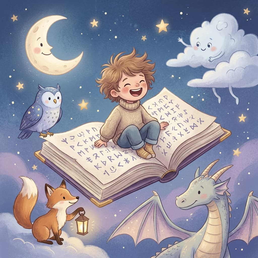 A happy child reading a magical flying book surrounded by friendly animals